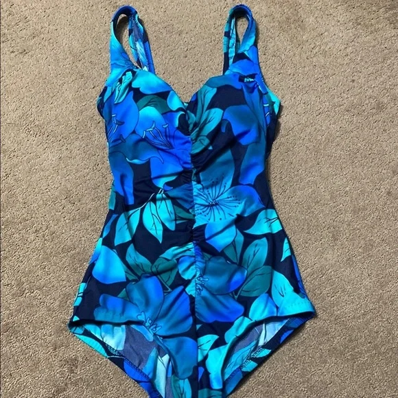 Electric Blue Green Size 12 One Piece Swimsuit with Floral Pattern Beach Summer - Picture 1 of 9